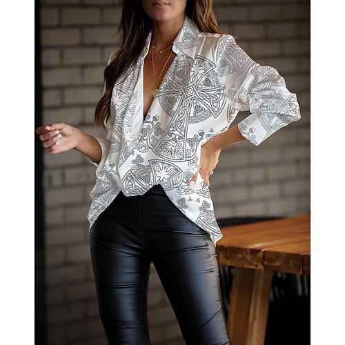 

Women's Blouse Graphic Patterned Daily Weekend Blouse Shirt Long Sleeve Button Print Shirt Collar Casual Streetwear White Beige S / 3D Print