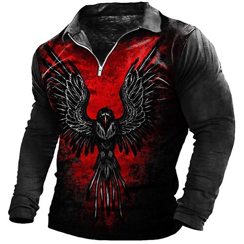 

Men's Collar Polo Shirt Golf Shirt Animal Eagle Turndown Red Gray 3D Print Outdoor Street Long Sleeve Zipper Print Clothing Apparel Fashion Designer Casual Breathable