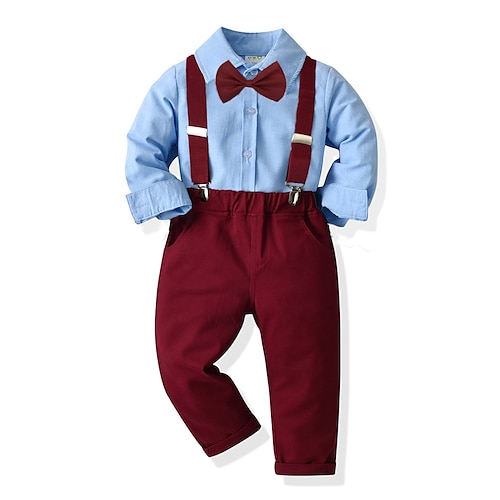 

2 Pieces Kids Boys Shirt & Pants Clothing Set Outfit Solid Color Long Sleeve Cotton Set Gentle Fall Spring 2-6 Years Red