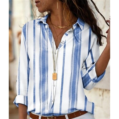 

Women's Blouse Shirt Blue Yellow Red Striped Button Print Long Sleeve Casual Weekend Streetwear Shirt Collar Regular S / 3D Print