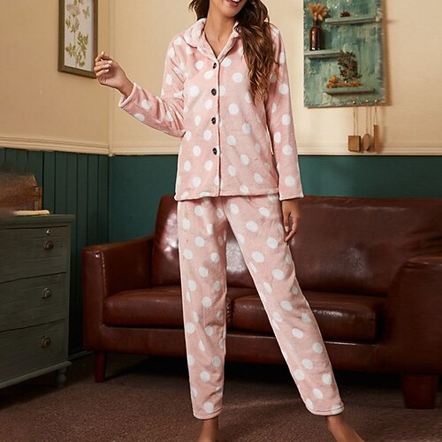 

Women's Pajamas Winter Sets Pjs 2 Pieces Dot Comfort Soft Home Vacation Polyester Warm Lapel Long Sleeve Pant Button Winter Fall Pink / Flannel