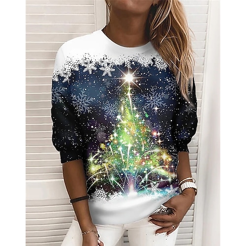 

Women's Sweatshirt Pullover Christmas Green Christmas Tree Sparkly Snowflake Christmas Round Neck Long Sleeve S M L XL XXL