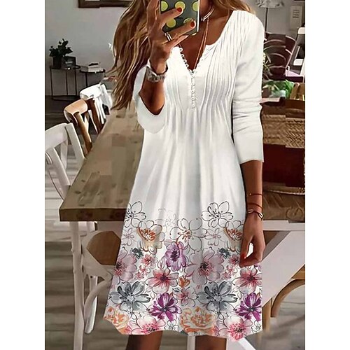 

Women's Casual Dress Midi Dress White 3/4 Length Sleeve Floral Print Winter Fall Autumn V Neck Fashion Weekend 2022 S M L XL XXL 3XL