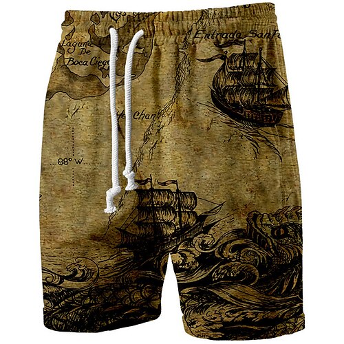 

Men's Beach Shorts Terry Shorts Drawstring Elastic Waist 3D Print Graphic Boat Breathable Soft Short Casual Daily Holiday Basic Sports Brown Micro-elastic