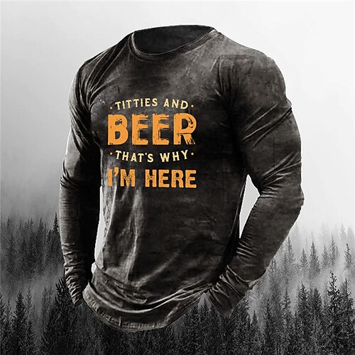 

Men's Unisex T shirt Tee 3D Print Graphic Prints Beer Letter Crew Neck Street Casual Print Long Sleeve Tops Designer Basic Vintage Big and Tall Black