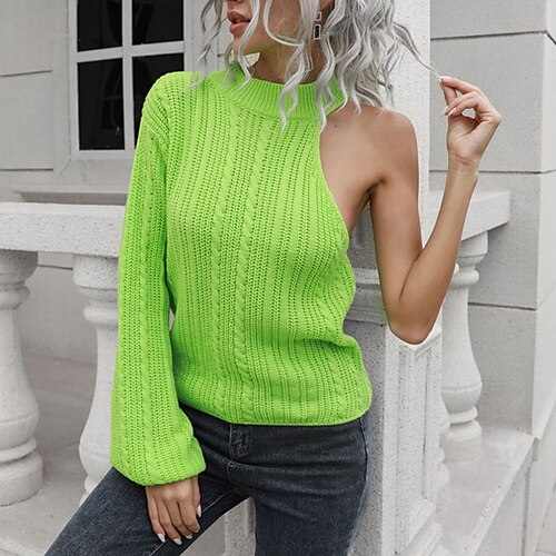 

Women's Pullover Sweater jumper Jumper Ribbed Knit Knitted Cold Shoulder Pure Color Stand Collar Stylish Sexy Outdoor Daily Winter Fall Green Blue S M L / Long Sleeve / Regular Fit / Going out