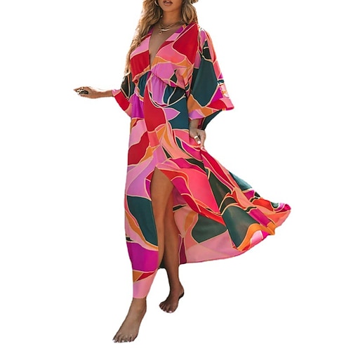 

Women's Swing Dress Midi Dress Pink 3/4 Length Sleeve Color Block Split Ruched Fall Spring V Neck Vacation 2022 S M L XL XXL 3XL