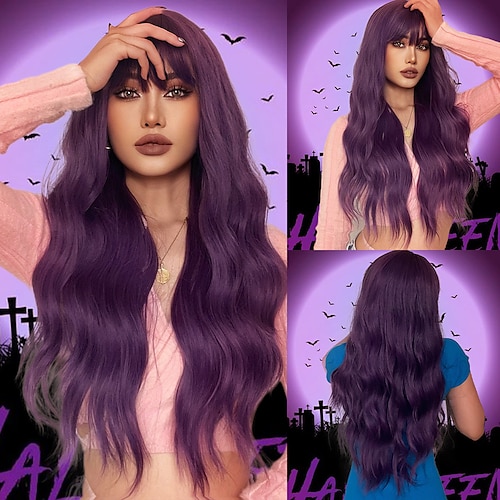 

haircube cosplay hår lange bølgede parykker lilla krøllet med pandehår til kvinder