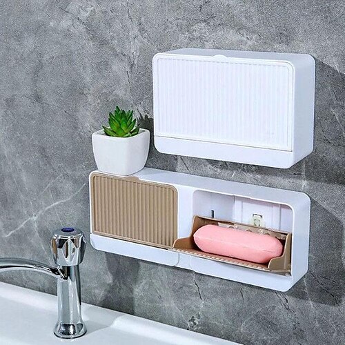 

Soap Box Draining Double-Grid Soap Rack Toilet Wall-Mounted With Cover Soap Rack Free Punch Soap Box