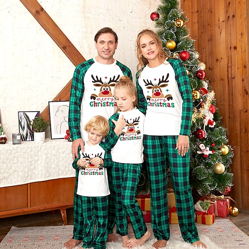 

Christmas Pajamas Family Set Ugly Plaid Letter Deer Patchwork Green Long Sleeve Mom Dad and Me Adorable Matching Outfits Spring Fall Print