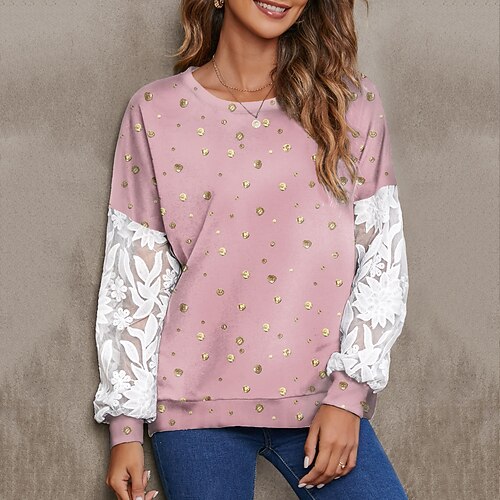 

Women's Sweatshirt Pullover Active Streetwear Patchwork Print Green White Black Polka Dot Daily Round Neck Long Sleeve S M L XL / 3D Print