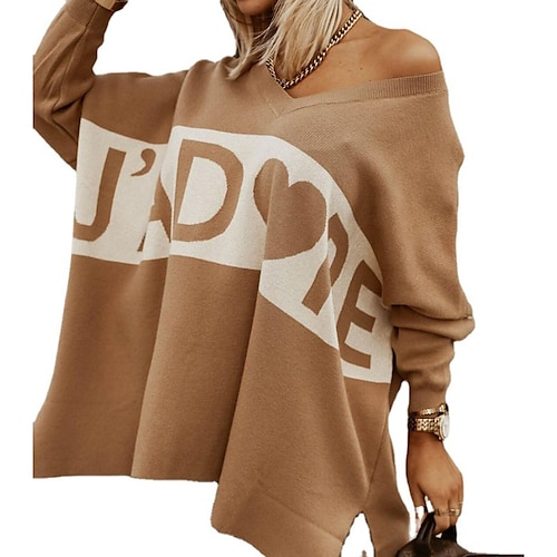 

Women's Pullover Sweater Jumper Ribbed Knit Knitted Heart V Neck Casual Soft Home Holiday Fall Winter Khaki S M L / Long Sleeve