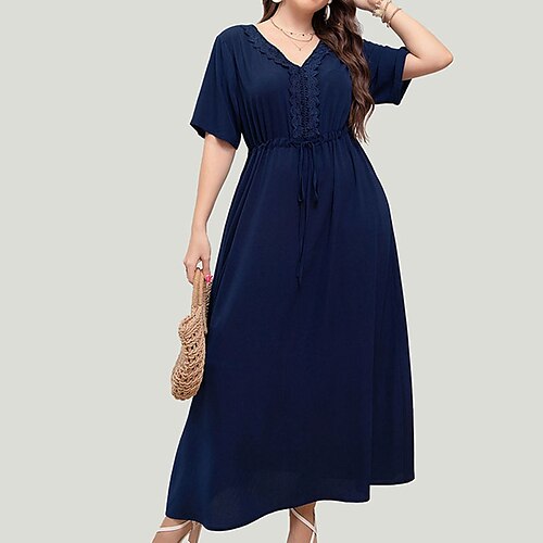 

Women's Plus Size Casual Dress Solid Color V Neck Short Sleeve Fall Spring Casual Maxi long Dress Causal Daily Dress