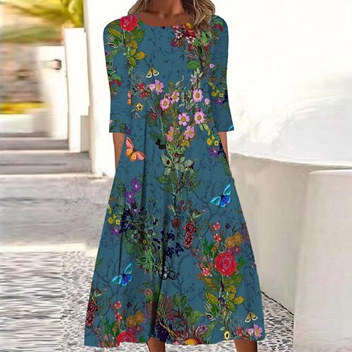 

Women's Casual Dress Shift Dress Midi Dress Navy Blue 3/4 Length Sleeve Floral Ruched Winter Fall 2022 S M L XL XXL 3XL