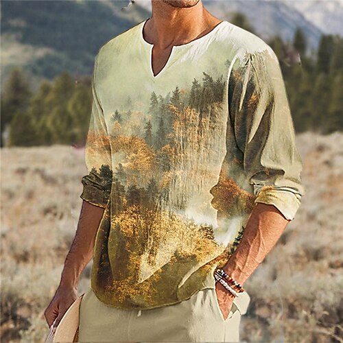 

Men's Unisex T shirt Tee Graphic Prints Forest V Neck Khaki Long Sleeve 3D Print Outdoor Street Print Tops Basic Sports Designer Casual