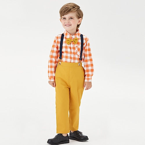 

2 Pieces Kids Boys Shirt & Pants Clothing Set Outfit Plaid Long Sleeve Cotton Set Vacation Fashion Preppy Style Winter Fall 1-5 Years Pink Yellow