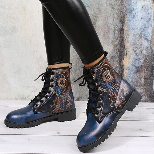 

Women's Boots Daily Combat Boots Booties Ankle Boots Winter Lace-up Chunky Heel Round Toe Casual PU Leather Lace-up Dark Blue