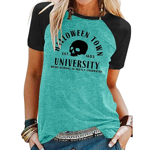 

Women's T shirt Tee Graphic Skull Letter Halloween Casual Daily T shirt Tee Short Sleeve Print Round Neck Basic Green Blue Light gray S