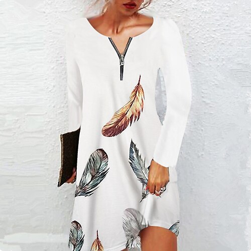 

Women's Casual Dress A Line Dress Knee Length Dress White Long Sleeve Print Zipper Print Fall Winter Crew Neck Casual Classic 2022 XS S M L XL 2XL 3XL 4XL 5XL 6XL