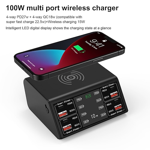 

USB Charger 100W 8 Ports Multiple USB Charging Stations with 4 Fast Charge 3.0 4 USB C PD Ports Wireless Charger LCD Display Fast USB Charging Hub for iPhone 13 12 iPad Samsung etc