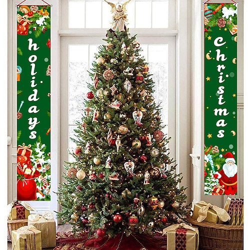 

Merry Christmas Hanging Banner Porch Sign with Pattern Santa Claus Christmas Tree Snow Cap Gift Banner for Home Yard Indoor Outdoor Wall Door Christmas Party Decorations70.912.2