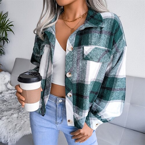 

Women's Casual Jacket Warm Breathable Outdoor Daily Wear Vacation Going out Button Single Breasted Turndown Comfortable Street Style Shacket Stripes and Plaid Regular Fit Outerwear Long Sleeve Winter