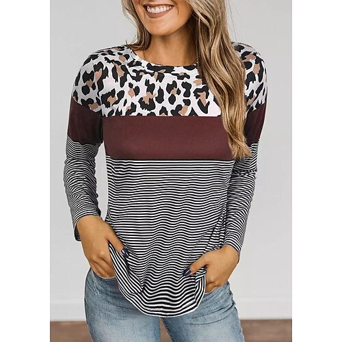 

Leopard Splicing Striped Long Sleeve Blouse