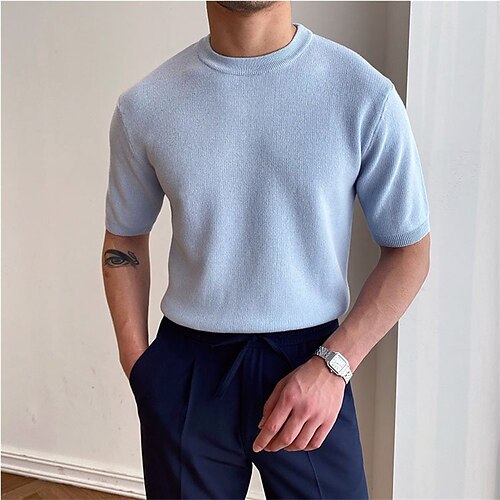 

Men's T shirt Tee Solid Color Crew Neck Street Daily Half Sleeve Tops Casual Fashion Comfortable Light Blue / Beach