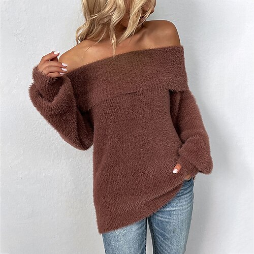 

drizzle solid color sexy leaky shoulder sweater 2022 autumn and winter new cross-border pullover lantern sleeve european and american sweater women