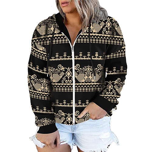 

Women's Plus Size Tops Hoodie Sweatshirt Floral Zipper Print Long Sleeve Hooded Streetwear Daily Vacation Polyester Fall Winter Yellow / 3D Print