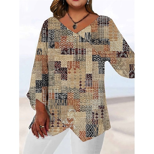 

Women's Plus Size Tops Blouse Shirt Floral Geometry Print Long Sleeve V Neck Casual Vintage Daily Going out Polyester Fall Winter Gray khaki / 3D Print