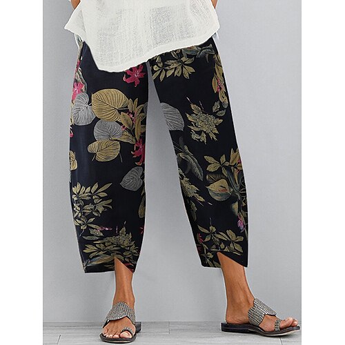 

Women's Pants Trousers Earth Yellow Purple Navy Blue Medium Waist Casual Daily Weekend Side Pockets Print Micro-elastic Ankle-Length Comfy Flower / Floral S M L XL XXL
