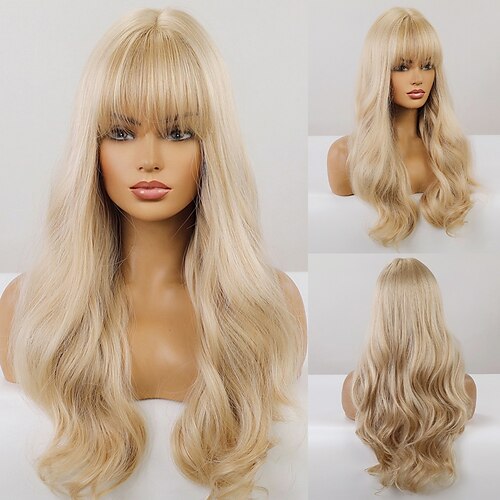 

Blonde Long Curly Hair Bangs Wig Female Hair Without Hand Weaving Mechanism Full Head Cover High Temperature Wire Europe and America Wig