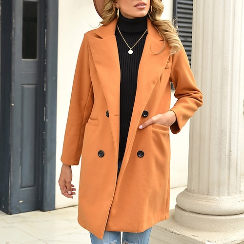 

Women's Winter Coat Warm Breathable Outdoor Daily Wear Vacation Going out Button Pocket Double Breasted Turndown Formal Comfortable Street Style Solid Color Loose Fit Outerwear Long Sleeve Winter Fall