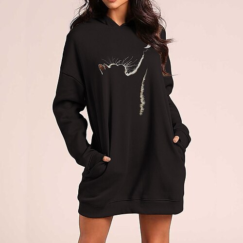 

Women's Hoodie Dress Streetwear Long Pocket Print Black Cat Daily Hooded Long Sleeve S M L XL XXL
