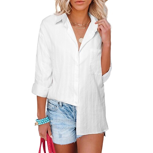

Women's Shirt Plain Casual Daily Weekend Shirt Long Sleeve Patchwork Shirt Collar Elegant Casual Green White Black S
