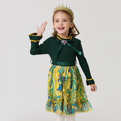 

Kids Girls' Dress Cartoon A Line Dress Dress Performance Cotton Long Sleeve Princess Dress 2-6 Years Winter Green Yellow