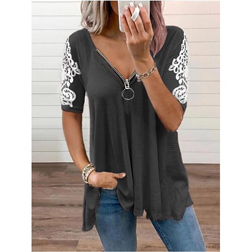 

Per donna Camicia Blusa Nero Bianco Rosa Liscio Pizzo Collage Manica corta Giornaliero Fine settimana Streetwear Informale A V Standard S