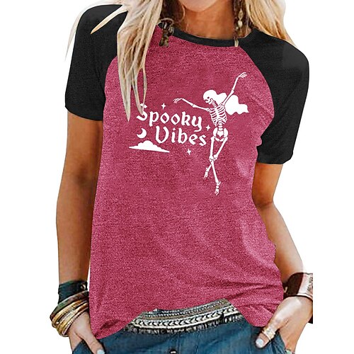 

Women's T shirt Tee Graphic Skull Letter Halloween Casual Daily T shirt Tee Short Sleeve Print Round Neck Basic Green Blue Light gray S