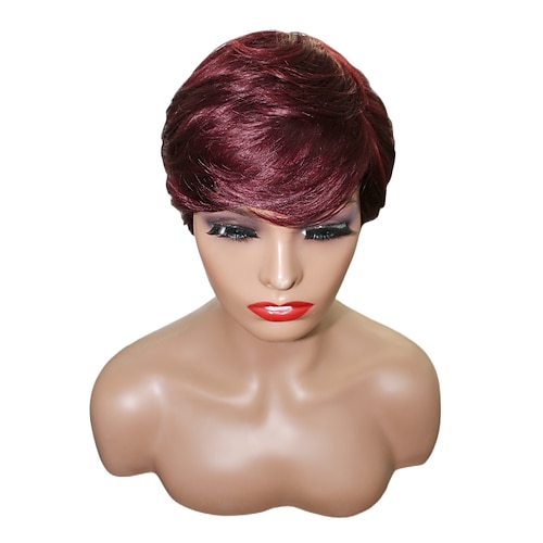 

Human Hair Wigs Pixie Cut Side Part With Bangs Burgundy 99J Straight Brazilian Hair for Black Women Machine Made Cheap Glueless