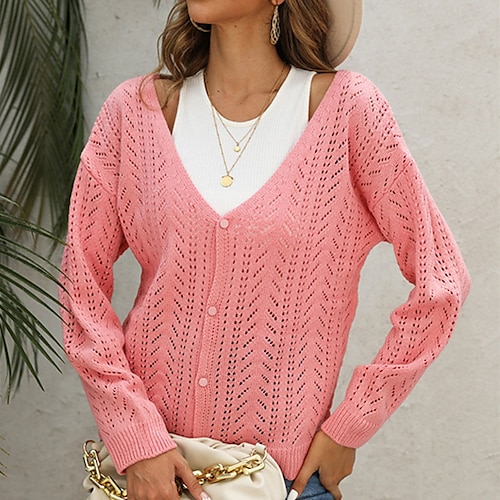 

Women's Cardigan Sweater Jumper Crochet Knit Hollow Out Button Solid Color V Neck Stylish Casual Outdoor Daily Winter Fall Pink Khaki S M L / Long Sleeve / Regular Fit / Going out