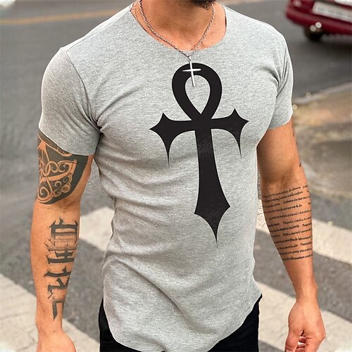 

Men's Unisex T shirt Tee Graphic Prints Cross Crew Neck Gray Short Sleeve Hot Stamping Outdoor Street Print Tops Sports Designer Casual Big and Tall / Summer / Summer