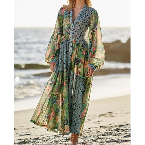 

Women's Casual Dress Swing Dress Long Dress Maxi Dress Green Long Sleeve Floral Print Winter Fall Autumn V Neck Winter Dress Weekend Fall Dress 2022 M L XL XXL