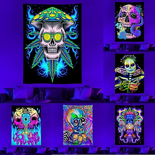 

Black Uv Light Psychedelic Abstract Wall Tapestry Art Decor Blanket Curtain Hanging Home Bedroom Living Room Decoration Polyester Hippie Skull