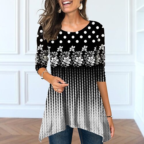

Women's T shirt Tee Floral Polka Dot Casual Holiday Weekend Floral Painting T shirt Tee Long Sleeve Flowing tunic Print Round Neck Basic Green Black Blue S / 3D Print