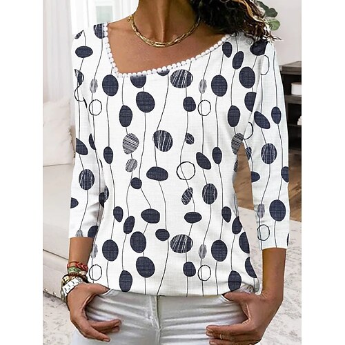 

Women's T shirt Tee White Paisley Long Sleeve Daily Basic Diagonal Neck Regular Abstract S