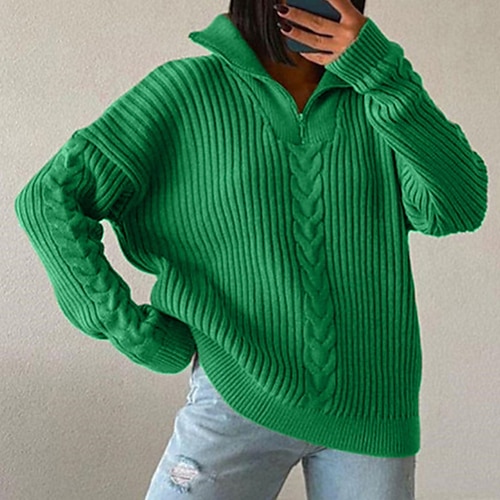 

Women's Pullover Sweater Jumper Cable Knit Zipper Knitted Pure Color Shirt Collar Stylish Casual Daily Going out Fall Winter Green Black One-Size / Long Sleeve