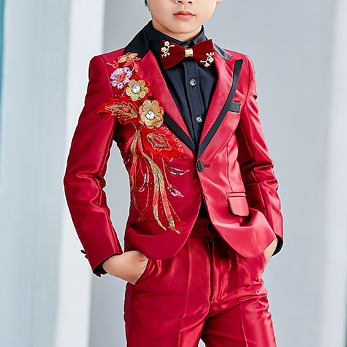 

3 Peças Infantil Para Meninos Terno e Blazer Camisa Calças Conjunto Equipamento Floral Manga Longa Imprimir Definir Formal Conforto Verão 3-12 anos Preto Azul Vermelho