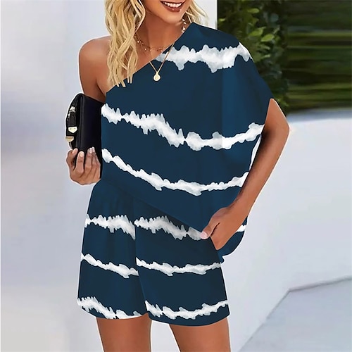 

Women's Romper Pocket Print Floral Off Shoulder Casual Street Daily Baggy Shorts Loose Short Sleeve Blue S M L Spring