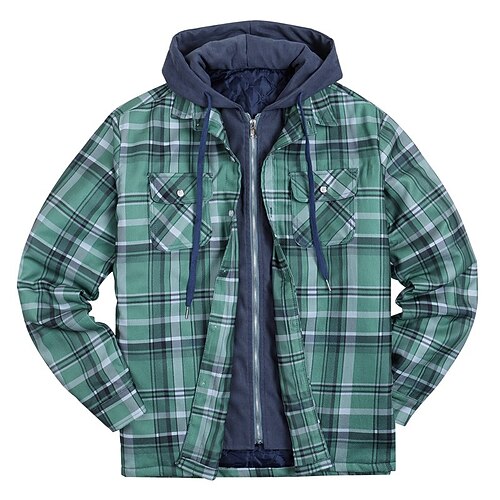 

Men's Puffer Jacket Winter Jacket Quilted Jacket Shirt Jacket Winter Coat Warm Casual Plaid / Check Outerwear Clothing Apparel Blue Dark Green Red